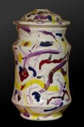 Tibor de cerámica, blanco con manchas y rayas de colores